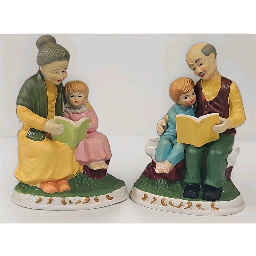 Vintage Porcelain Grandma & Grandpa Reading Storybook Children Set Of 2 Figurine